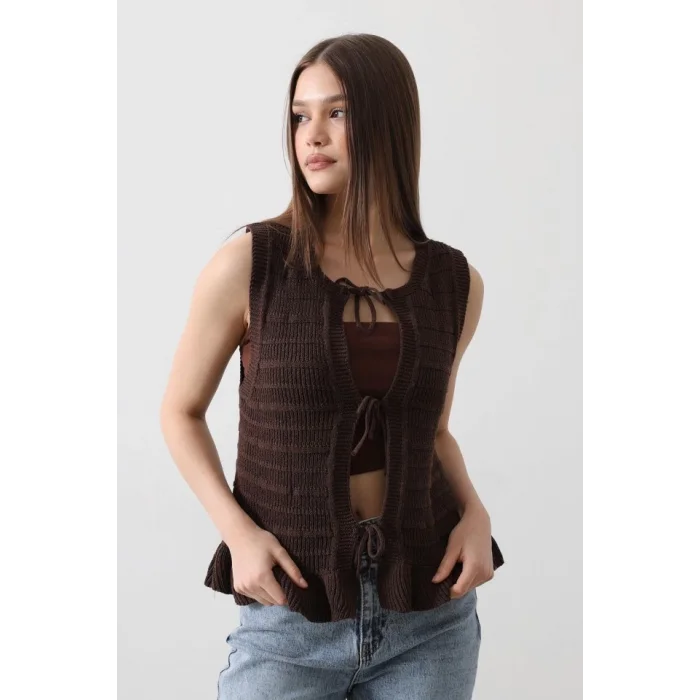 Önü Bağlamalı Yelek - Kahve