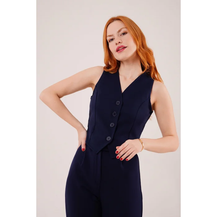 Önü Düğmeli Lacivert Yelek