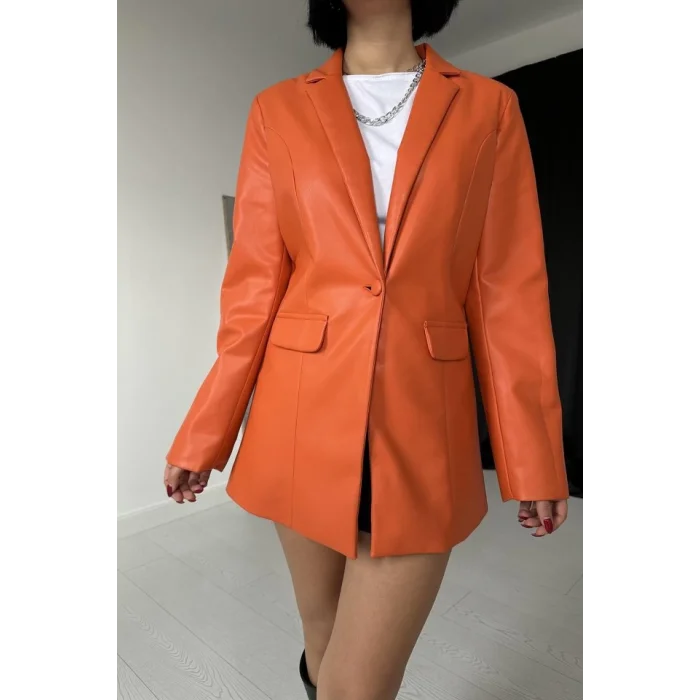 Oranj Düğmeli Deri Ceket