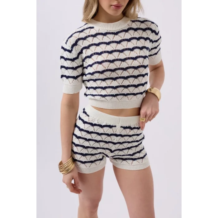 Örgü Detay Çizgili Crop Bluz