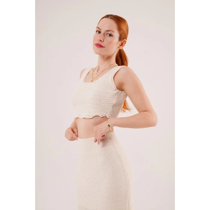 Örme Detaylı Etek Ve Bluz Krem Takım