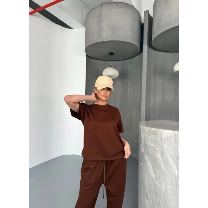 Osy Modal Yumuşak Dokulu Kumaş Kısa Kollu Bluz Rahat Pantalon Ikili Takım- Kahverengi