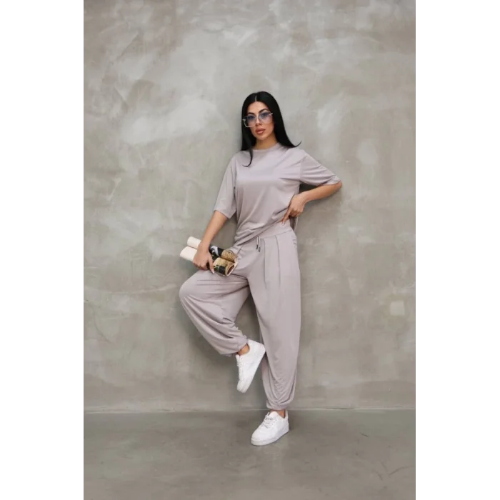 Osy Modal Yumuşak Dokulu Kumaş Oversize Bisiklet Yaka T-shirt Jogger Eşofman Altı Eşofman Takımı - Gri