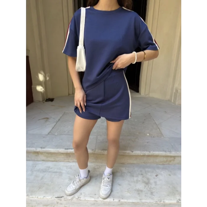 Osy Modal Yumuşak Dokulu Kumaş Parçalı Bisiklet Yaka T-shirt Mini Şortlu Etek İkili Takım -Lacivert