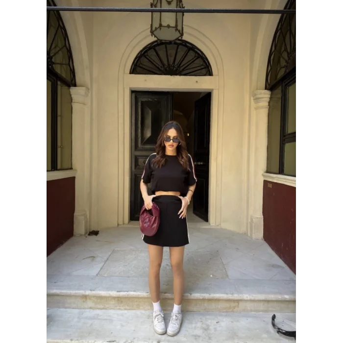 Osy Modal Yumuşak Dokulu Kumaş Parçalı Bisiklet Yaka T-shirt Mini Şortlu Etek İkili Takım - Siyah