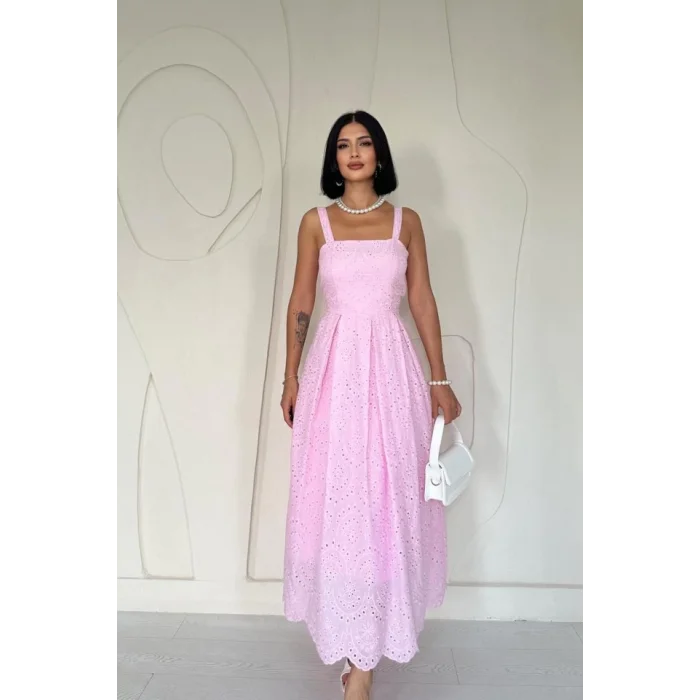 Pembe Askılı Aparatlı Brode Elbise