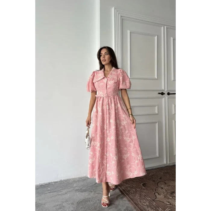 Pembe Bebe Yaka Balon Kollu Elbise