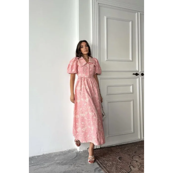 Pembe Bebe Yaka Balon Kollu Elbise