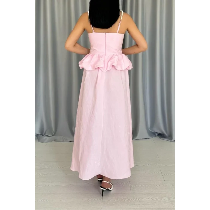 Pembe Beli Büzgülü İnci Askılı Uzun Elbise