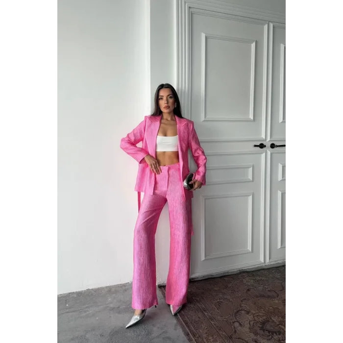 Pembe Beli Kuşaklı Ceket Ve Pantolon Parlak Takım