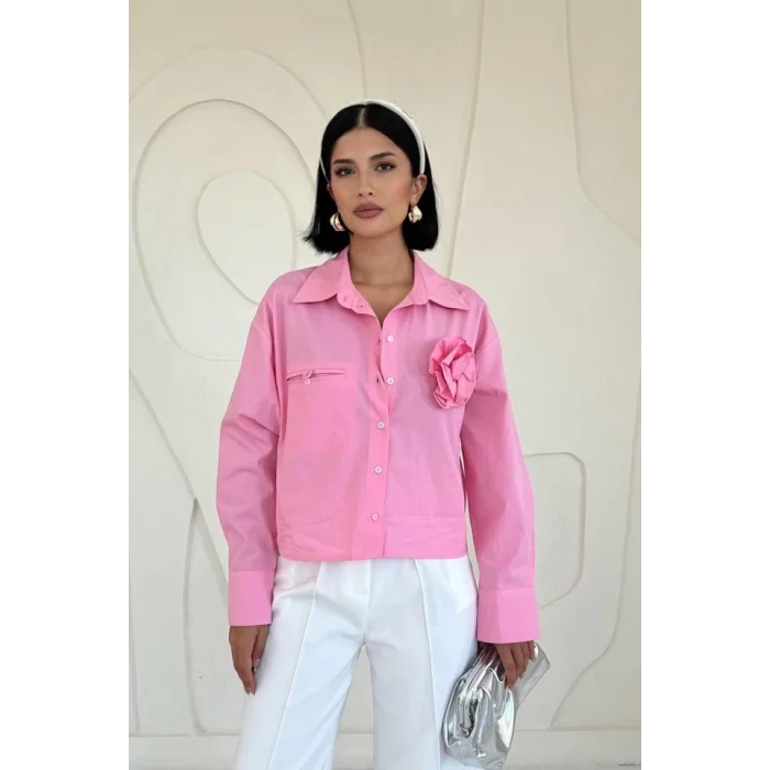 Pembe Fleto Cepli Poplin Gömlek
