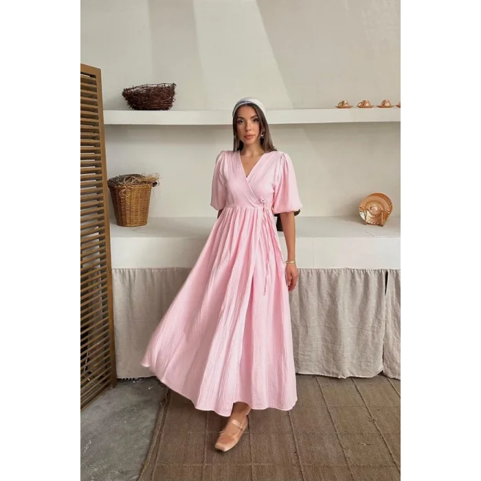 Pembe Müslin Uzun Elbise