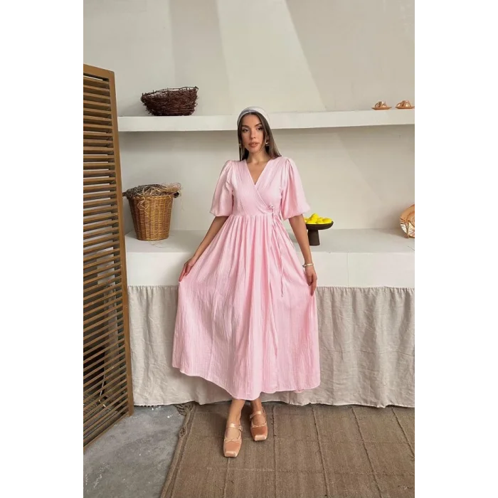 Pembe Müslin Uzun Elbise
