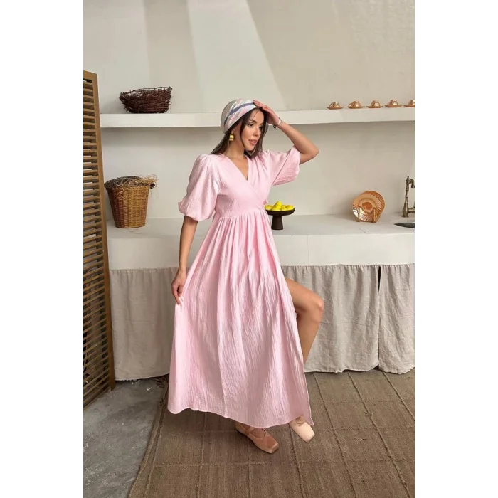 Pembe Müslin Uzun Elbise