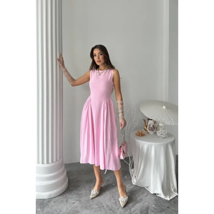 Pembe Yanları Büzgülü Midi Boy Keten Elbise