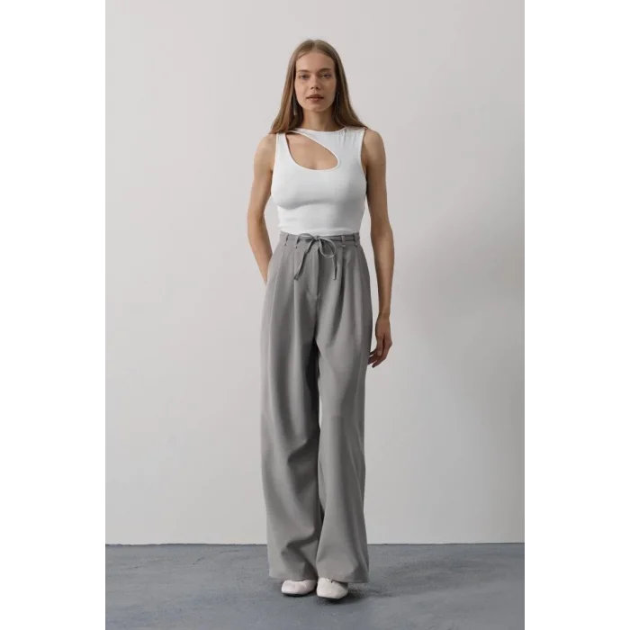 Pileli Bağcıklı Oversize Pantolon - Gri