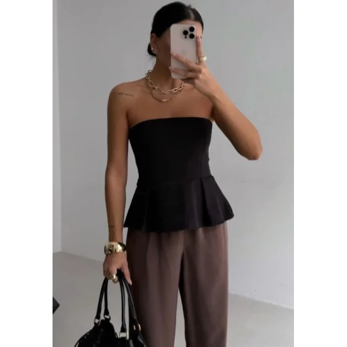 Pileli Straplez Bluz