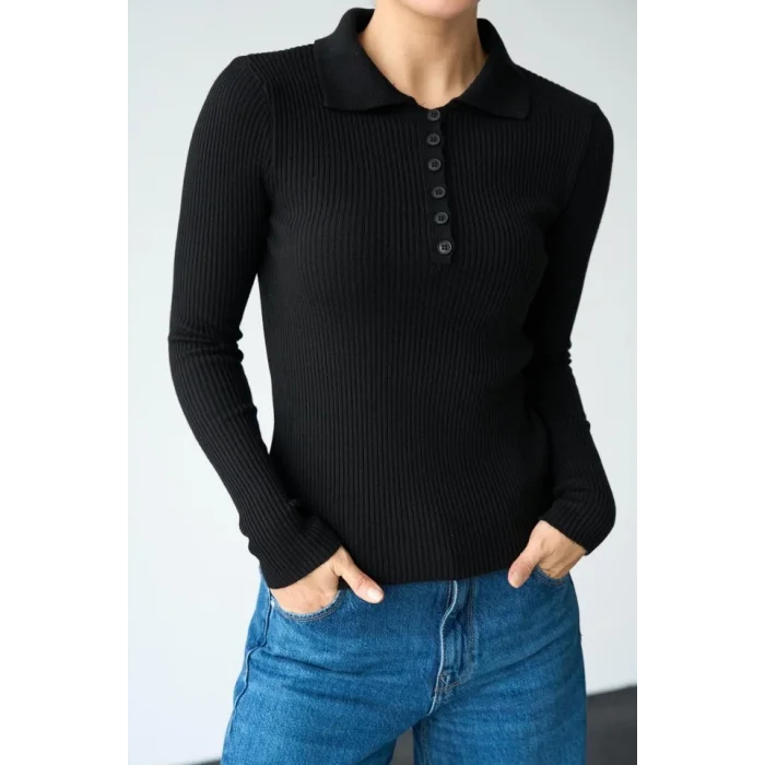 Polo Yaka 6 Düğmeli Kazak - Siyah