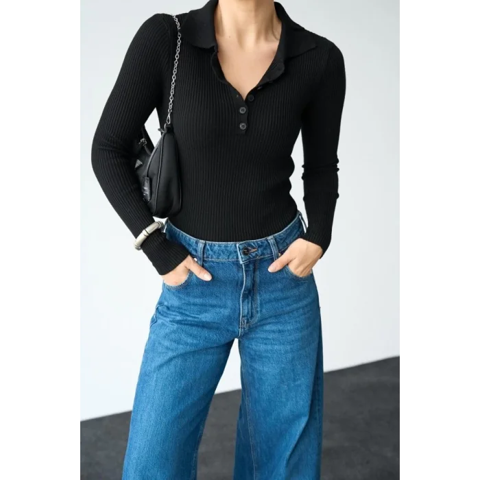 Polo Yaka 6 Düğmeli Kazak - Siyah