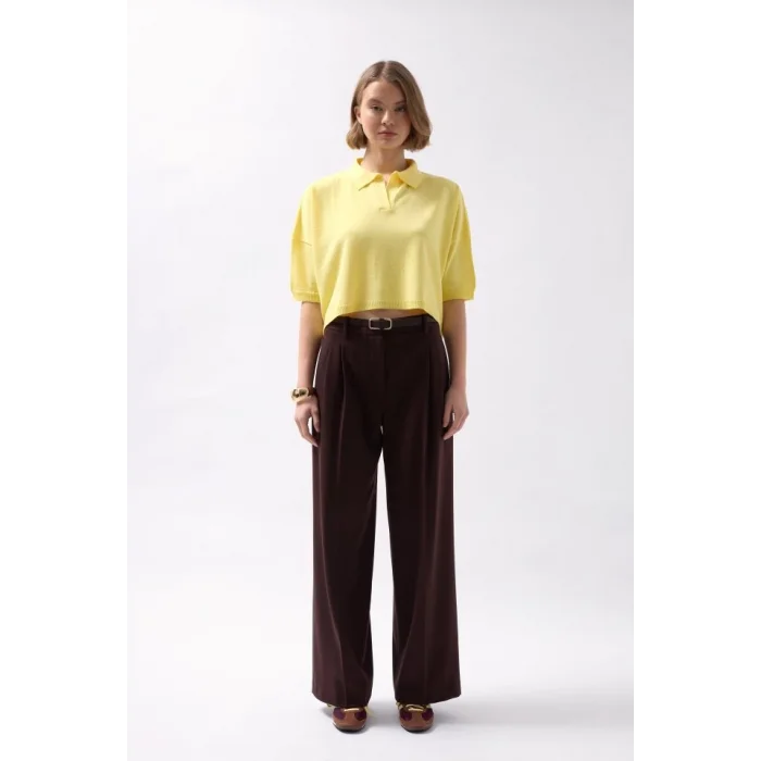 Polo Yaka Crop Dokulu Bluz