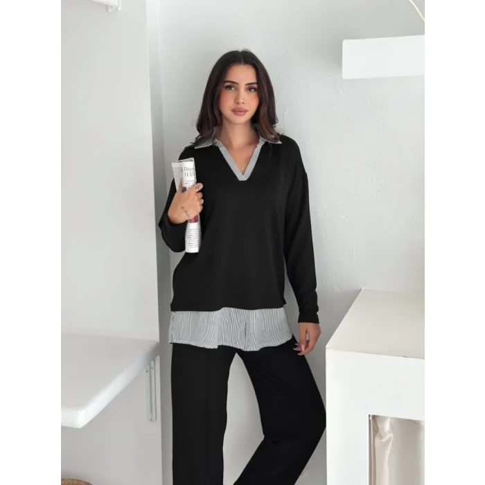 Polo Yaka Gömlek Detay Salaş Balon Pantolunlu ıkılı Takım