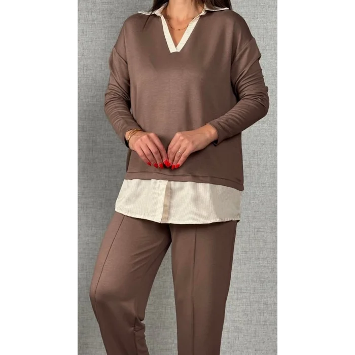 Polo Yaka Gömlek Detay Salaş Balon Pantolunlu ıkılı Takım