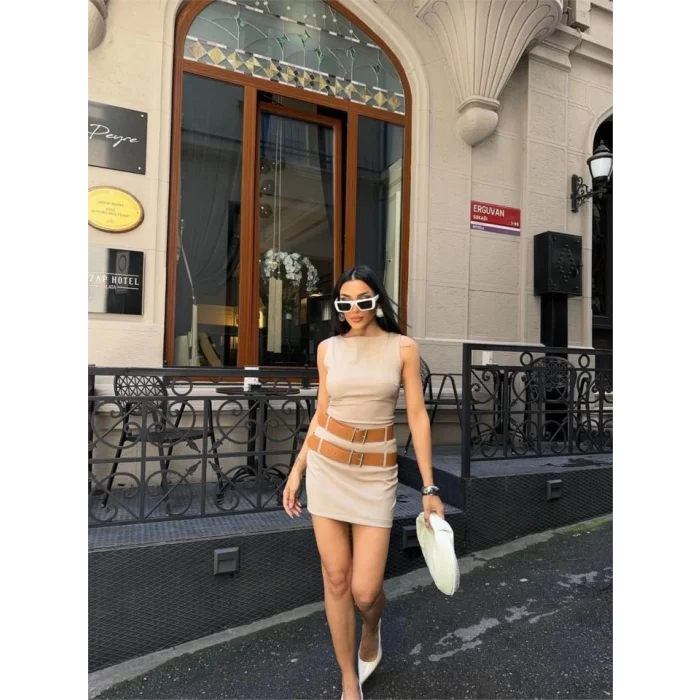 POLYVİSCON ÇİFT KEMER DETAYLI ELBİSE - Bej