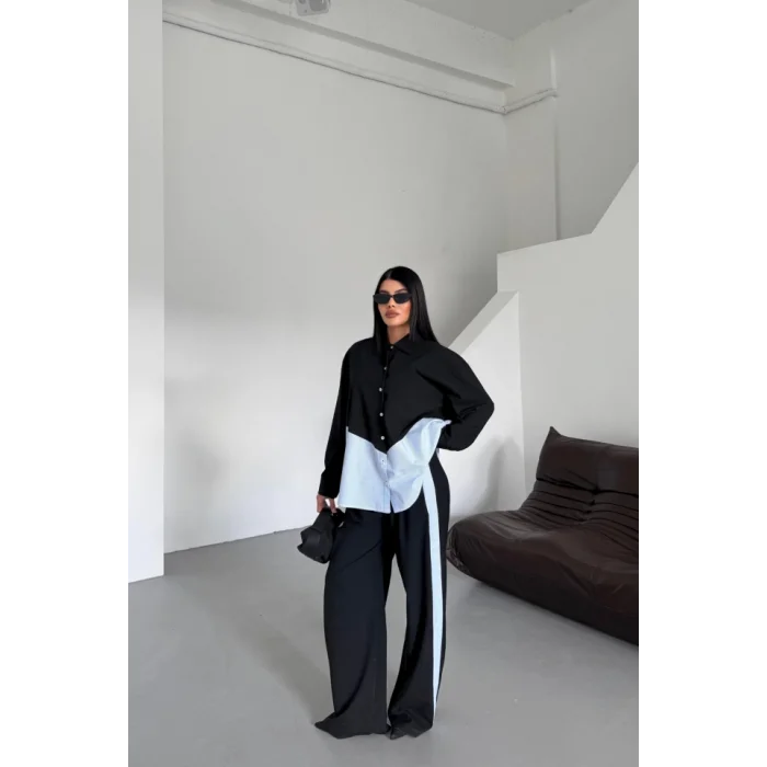 POLYVİSKON - POPLİN PARÇALI GÖMLEK PANTOLON TAKIM - Siyah