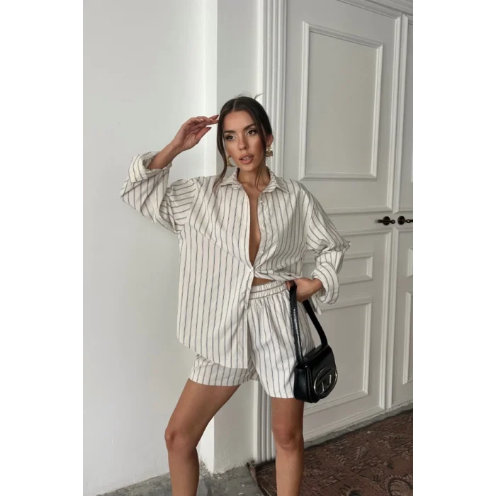 POPLİN ÇİZGİLİ GÖMLEK - ŞORT TAKIM - Bej