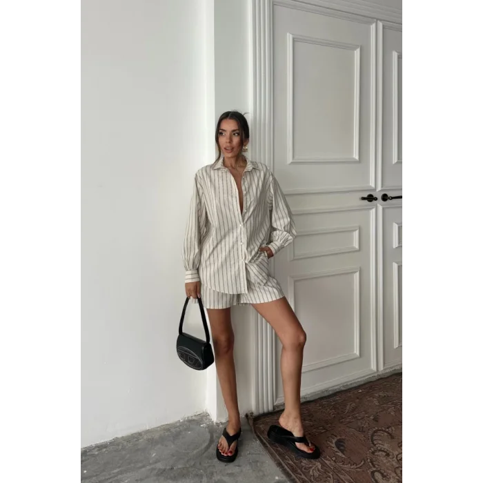 POPLİN ÇİZGİLİ GÖMLEK - ŞORT TAKIM - Bej