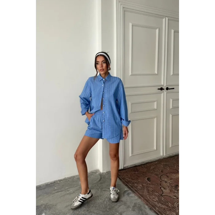 POPLİN ÇİZGİLİ GÖMLEK - ŞORT TAKIM - Mavi