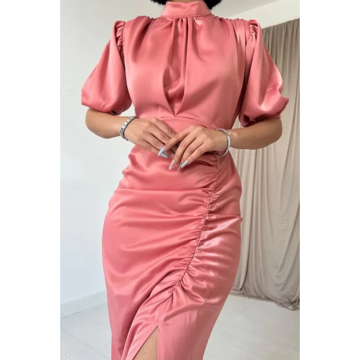 Pudra Büzgülü Saten Elbise