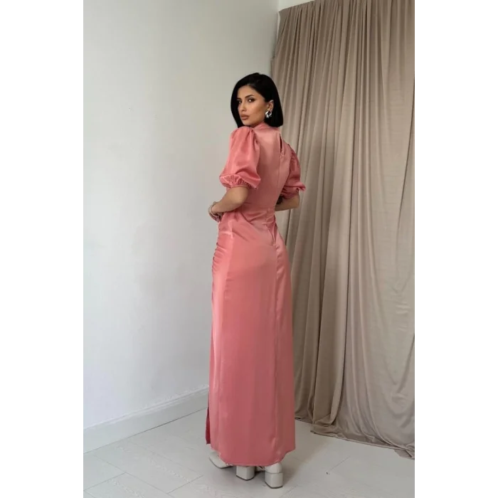 Pudra Büzgülü Saten Elbise