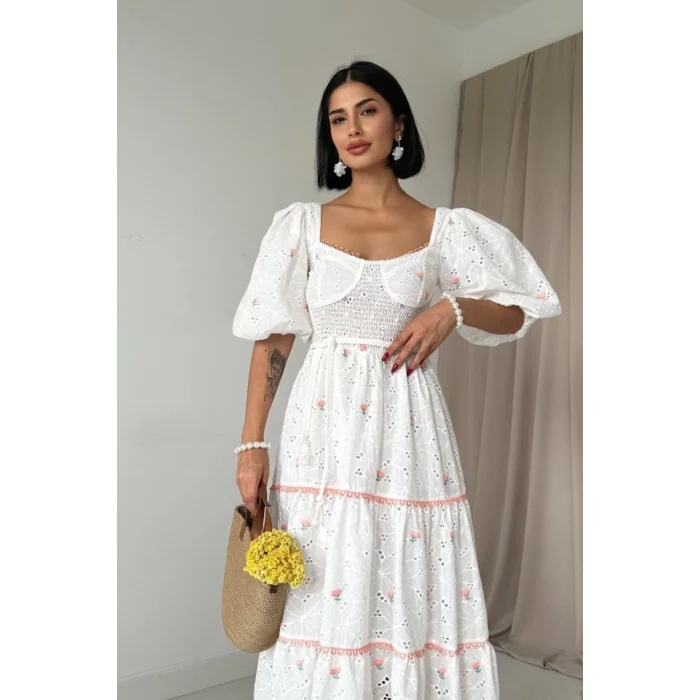 Pudra Dantel Detaylı Brode Elbise