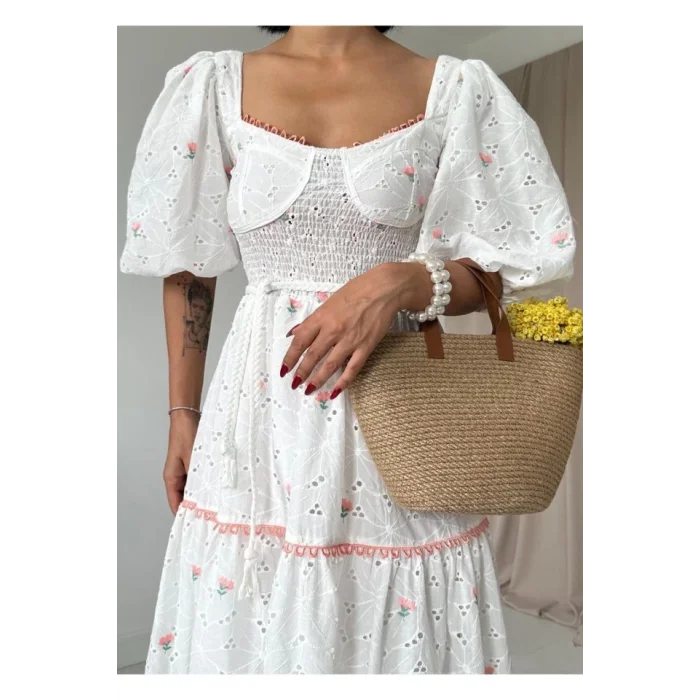 Pudra Dantel Detaylı Brode Elbise