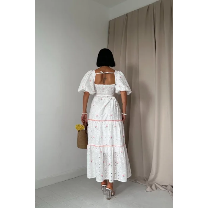 Pudra Dantel Detaylı Brode Elbise