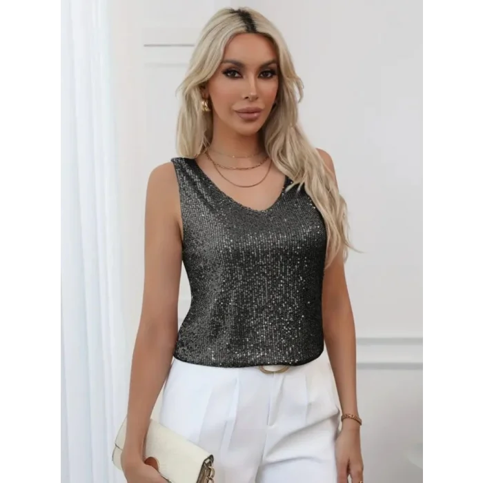Pul Payetli Sıfır Kol Bluz -Siyah