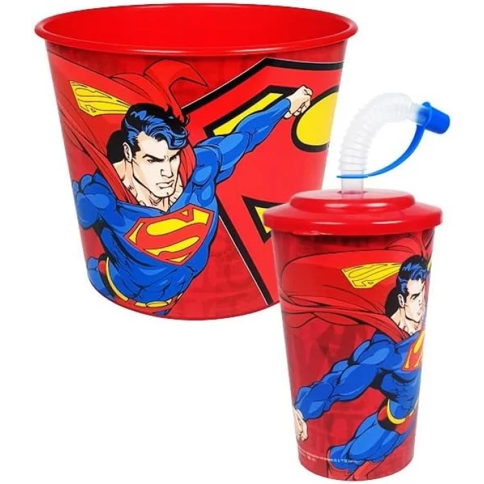 Renkli Popcorn, Çerez, Pipetli Pratik Bardak Seti,Atıştırmalık, Mısır Kovası, 2li Set, (Kırmızı/Erkek)