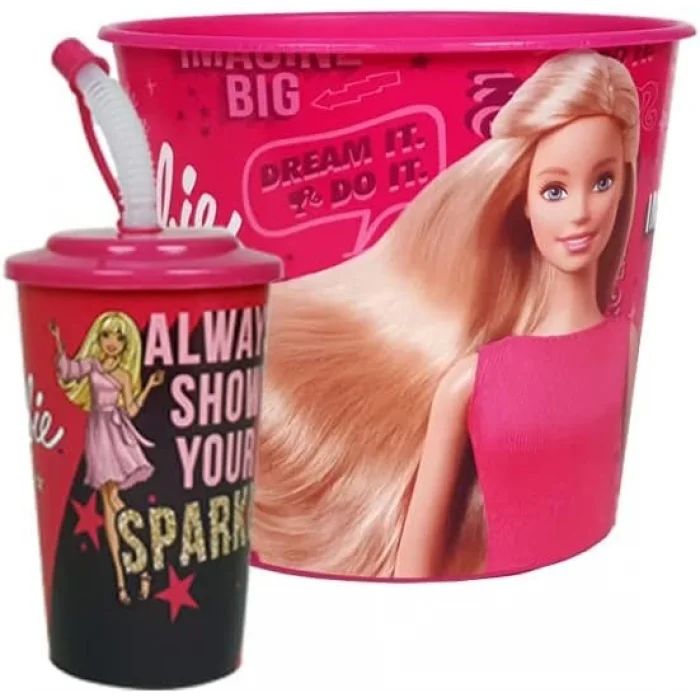 Renkli Popcorn, Çerez, Pipetli Pratik Bardak Seti,Atıştırmalık, Mısır Kovası, 2li Set, (Pembe/Kız)