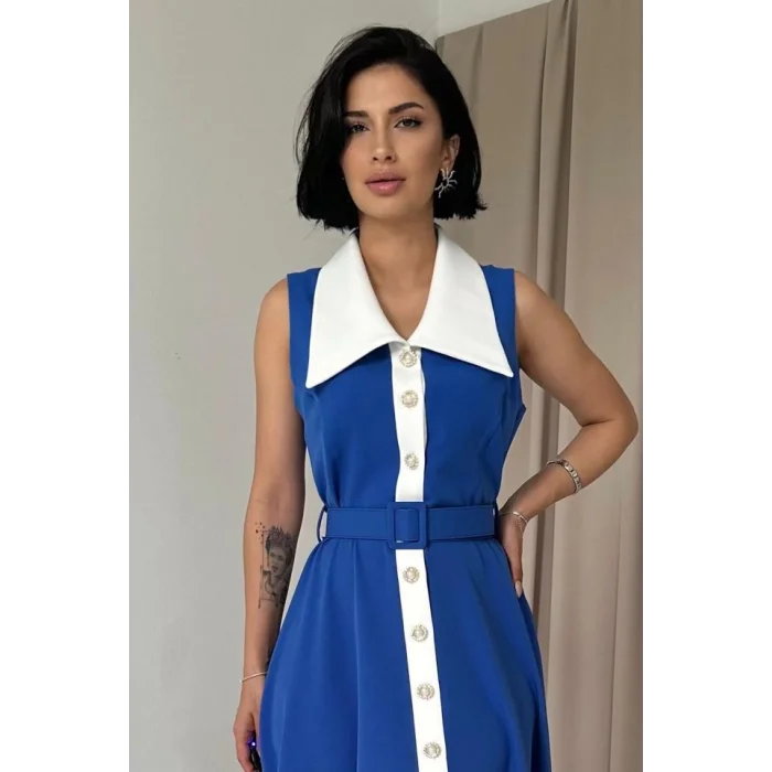 Saks Geniş Yakalı Halter Kollu Elbise