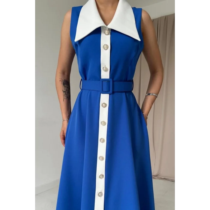 Saks Geniş Yakalı Halter Kollu Elbise