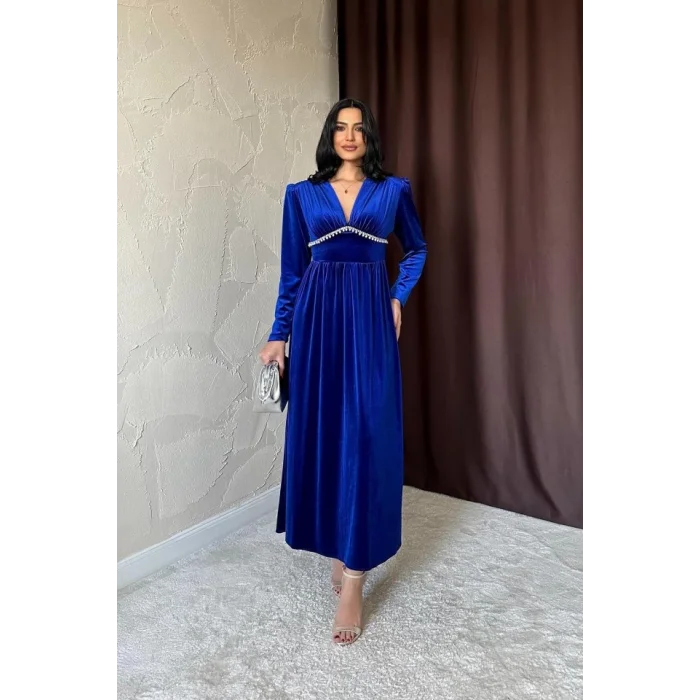 Saks Göğüs Altı Taşlı Elbise