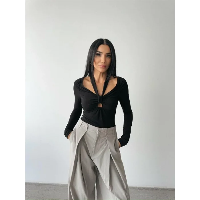 SANDY BODYSUİT ÖNDEN BAĞLAMA DETAYLI - Siyah