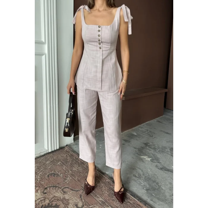 ŞANTUK KETEN YELEK GÖRÜNÜMLÜASKILI BLUZ - PANTOLON TK - Lila