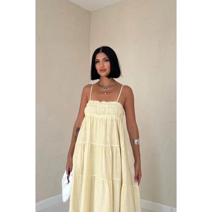 Sarı Askılı Parçalı Çizgili Müslin Elbise