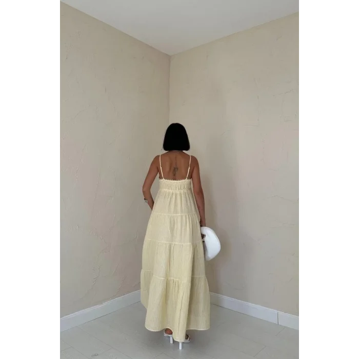 Sarı Askılı Parçalı Çizgili Müslin Elbise