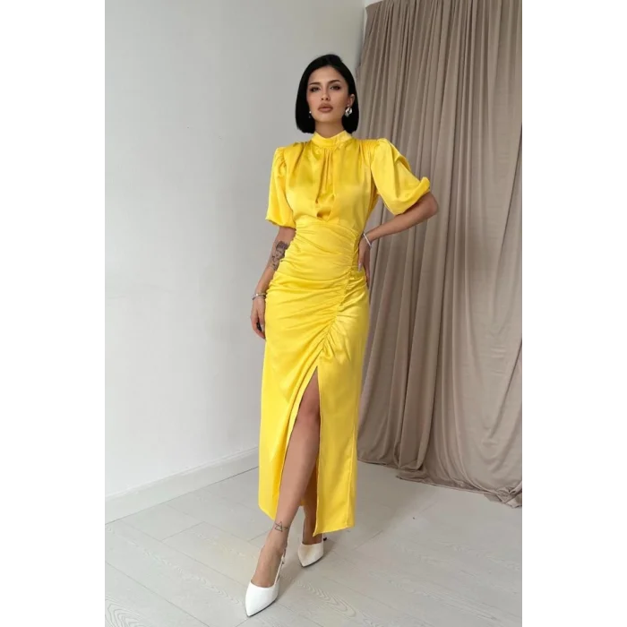 Sarı Büzgülü Saten Elbise