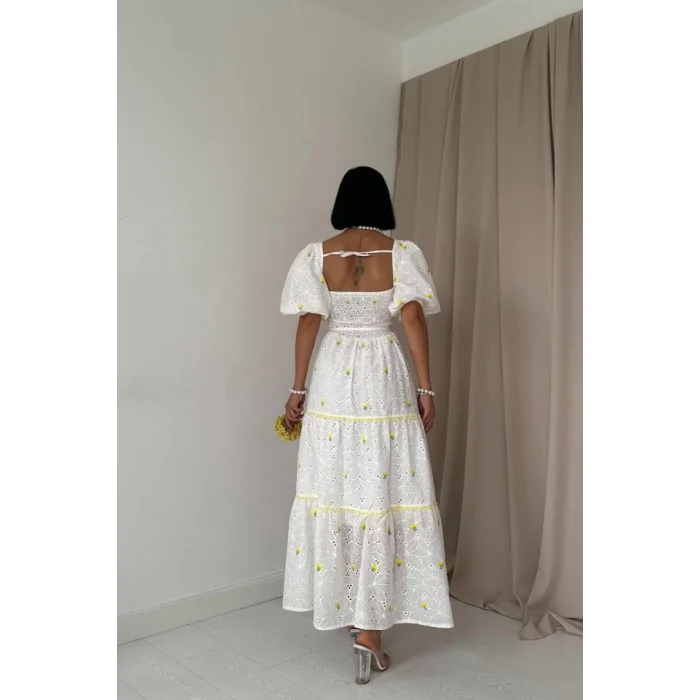 Sarı Dantel Detaylı Brode Elbise