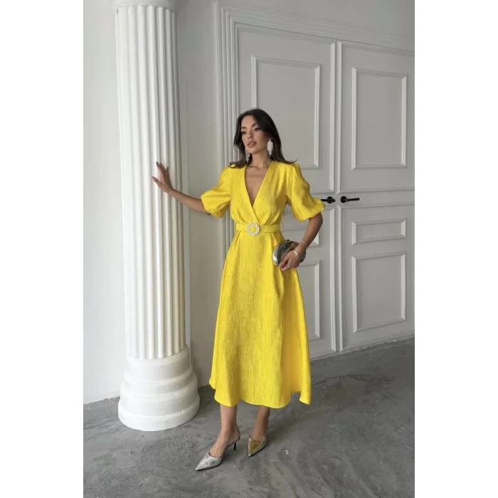 Sarı Işıltılı Kemerli Kruvaze Elbise