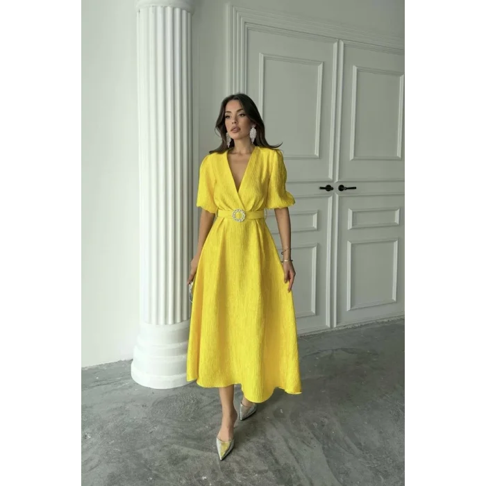 Sarı Işıltılı Kemerli Kruvaze Elbise